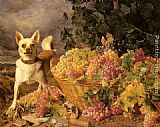 Dog Canvas Paintings - A Dog By A Basket Of Grapes In A Landscape